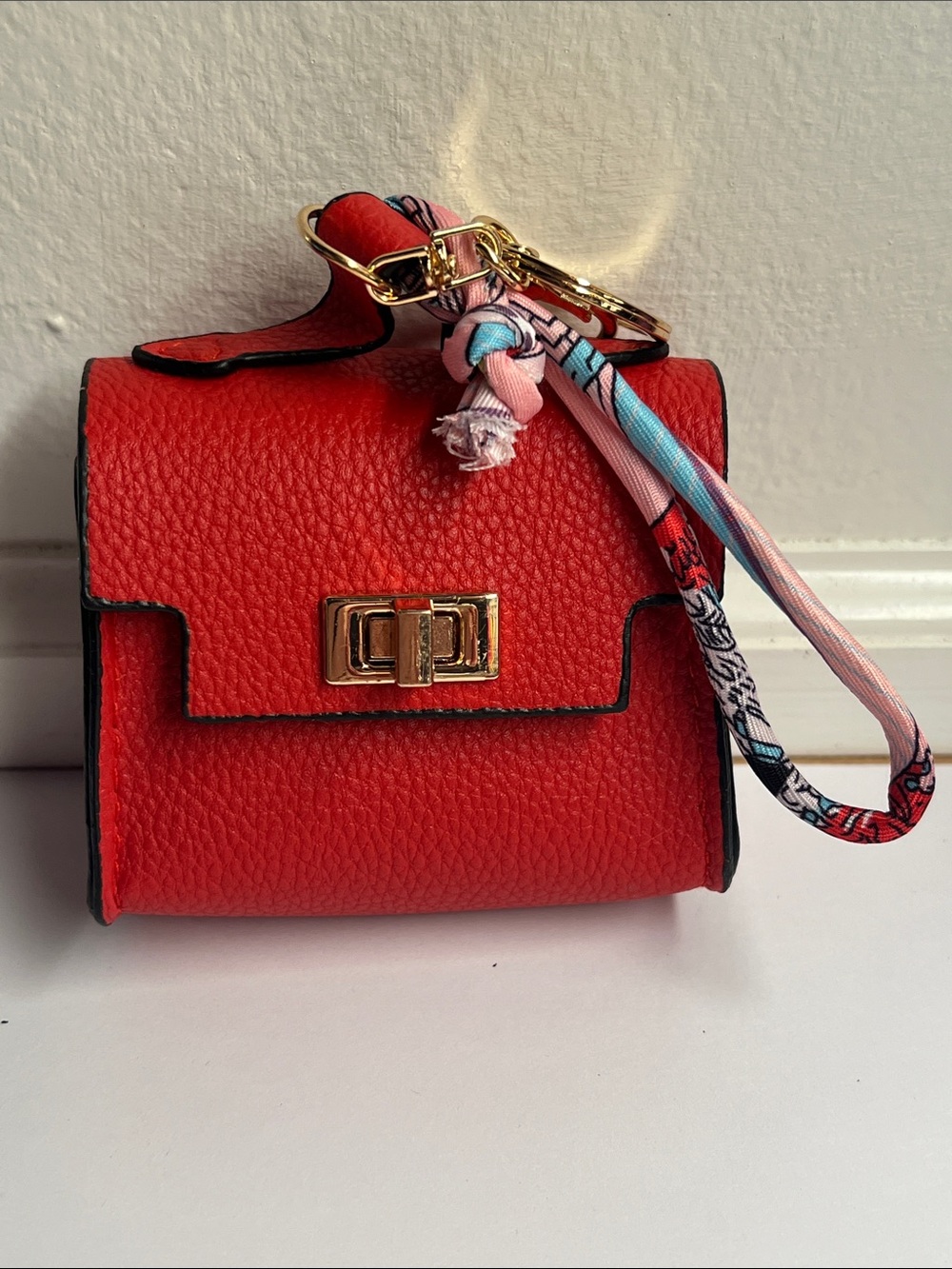 Red Mini Crossbody Keychain, Charm Bag with Gold Hardware 3x2x1
